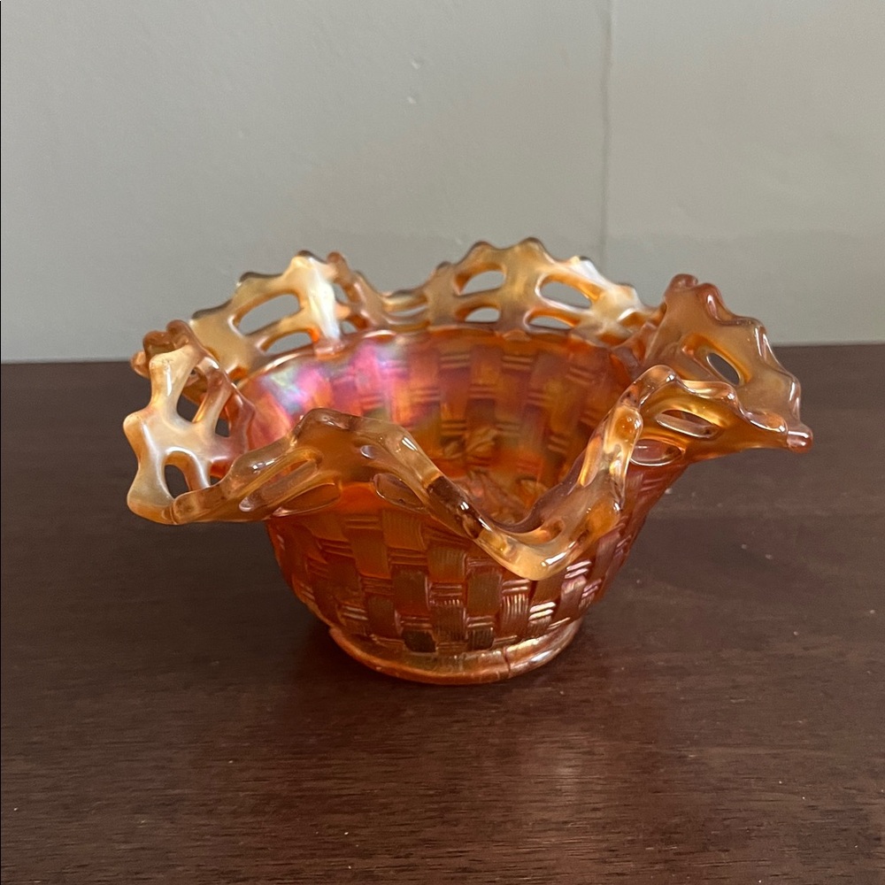 Fenton Carnival glass Blackberry open edge basket weave bowl in Marigold